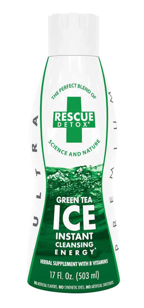 Rescue Detox ICE 17oz in Green Tea flavor, front view, portable health cleanse bottle