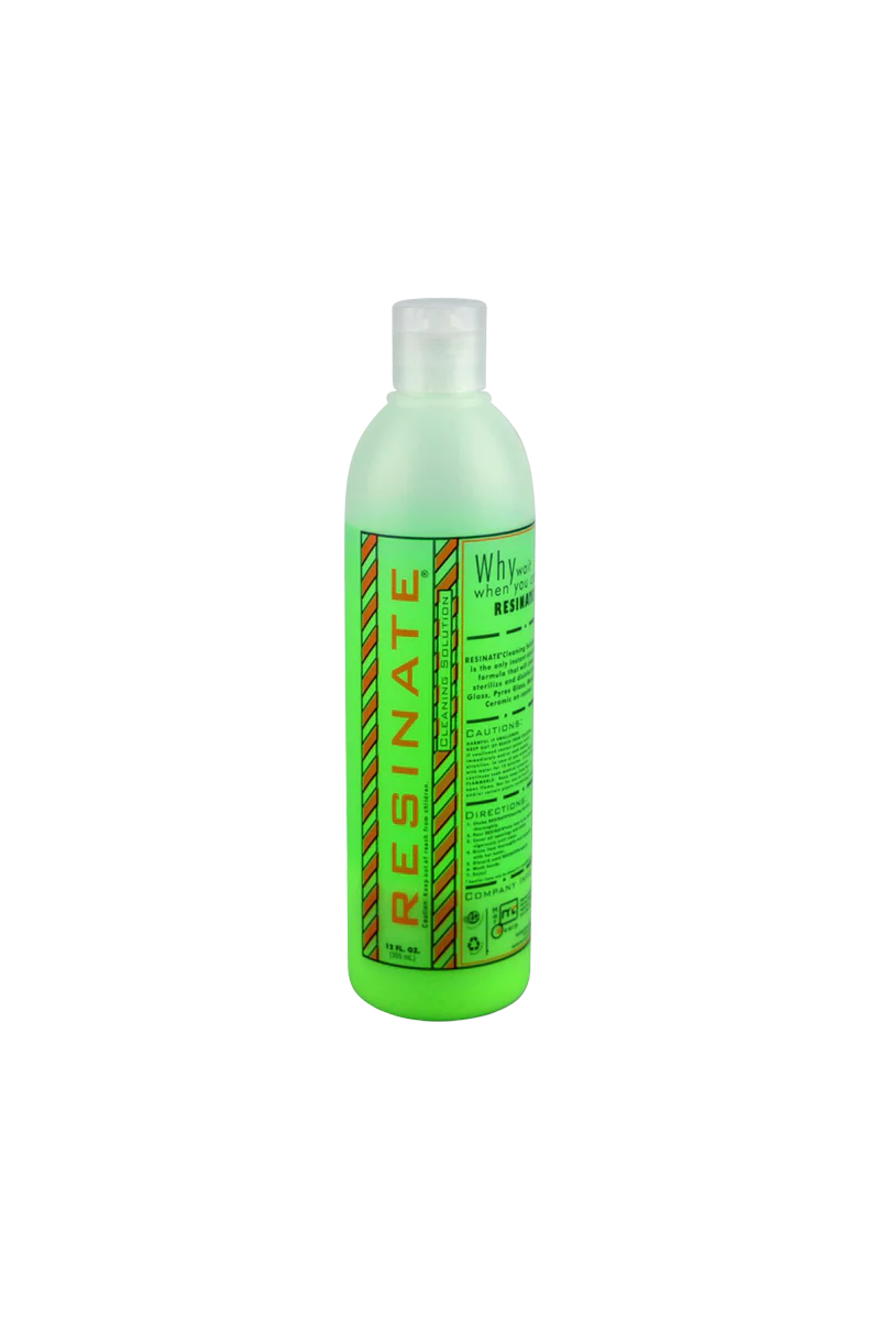 Resinate Cleaning Solution 12 oz bottle, green liquid, front view on white background, for bongs and pipes