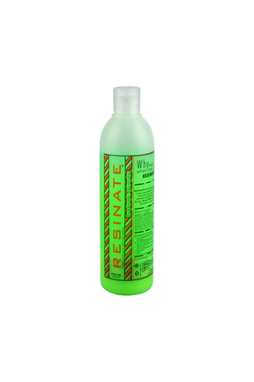 Resinate Cleaning Solution 12 oz bottle, green liquid, front view on white background, for bongs and pipes