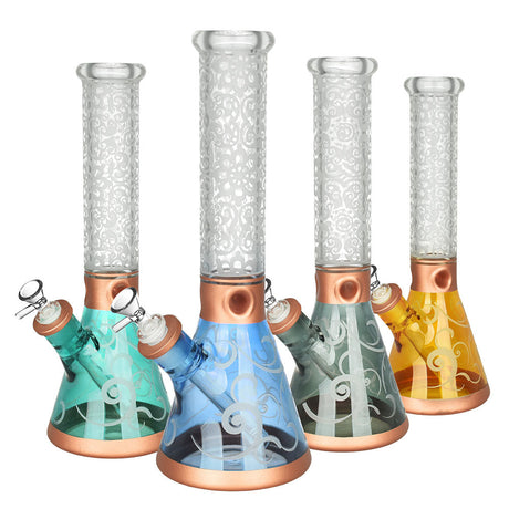 Assortment of Retro Filigree Beaker Water Pipes, 13.5", 14mm Female Joint, Borosilicate Glass