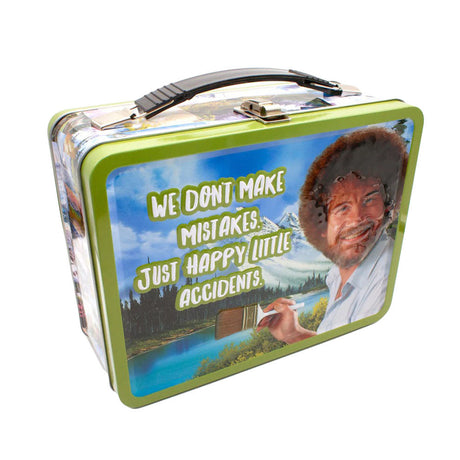 Retro Lunch Box with Bob Ross Happy Accidents design, side view on white background