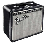 Retro metal lunch box resembling a Fender amplifier, front view on white background