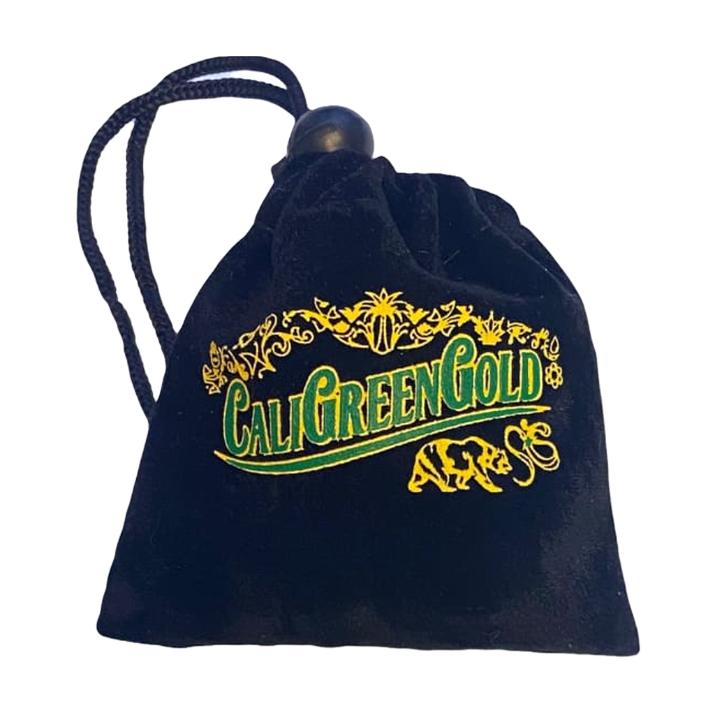 CaliGreenGold branded black velvet pouch for glass tip mouthpieces, front view on white background