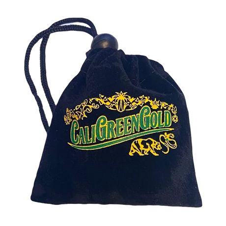 CaliGreenGold branded black velvet pouch for glass tip mouthpieces, front view on white background