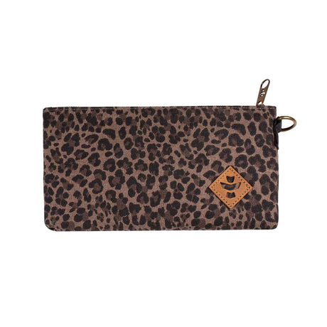 Revelry Broker Leopard Print Smell Proof Stash Bag 11"x6" front view on white background