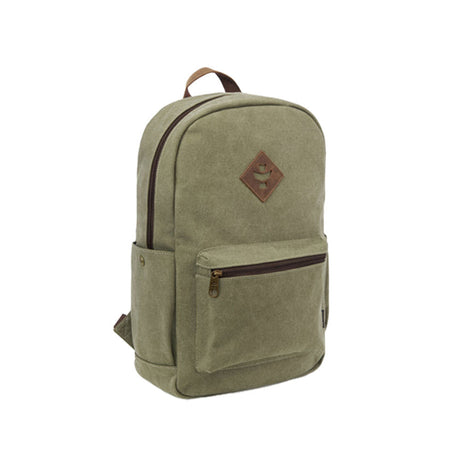 Revelry Explorer Smell Proof Backpack in Sage Green, 13"x17" with durable canvas material, front view