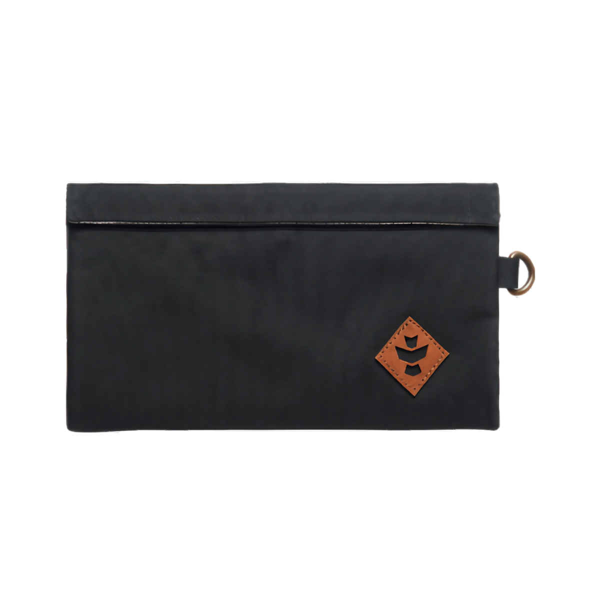 Revelry Supply Confidant black silicone pouch front view with logo and keychain loop
