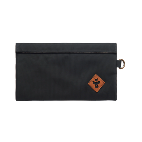 Revelry Supply Confidant black silicone pouch front view with logo and keychain loop