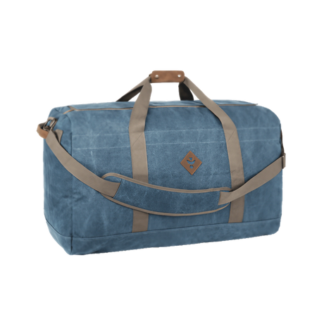 Revelry Supply Continental medium-sized rubber duffel bag in blue with comfortable straps, front view