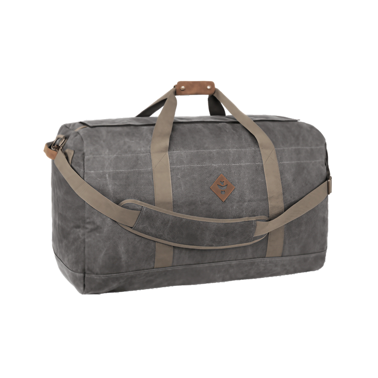 Revelry Supply Continental medium-sized rubber duffel bag in Ash, front view on a white background