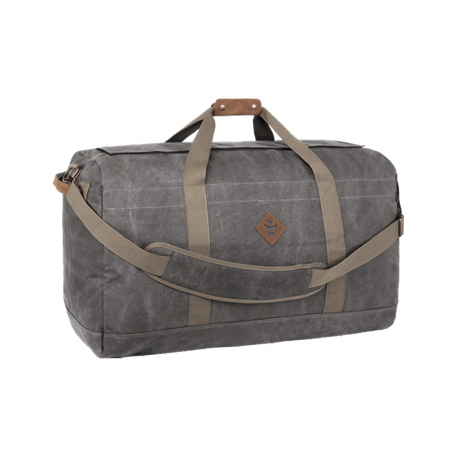 Revelry Supply Continental medium-sized rubber duffel bag in Ash, front view on a white background