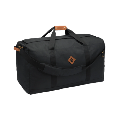 Revelry Supply Continental medium-sized black duffel bag with rubber material and durable straps, front view