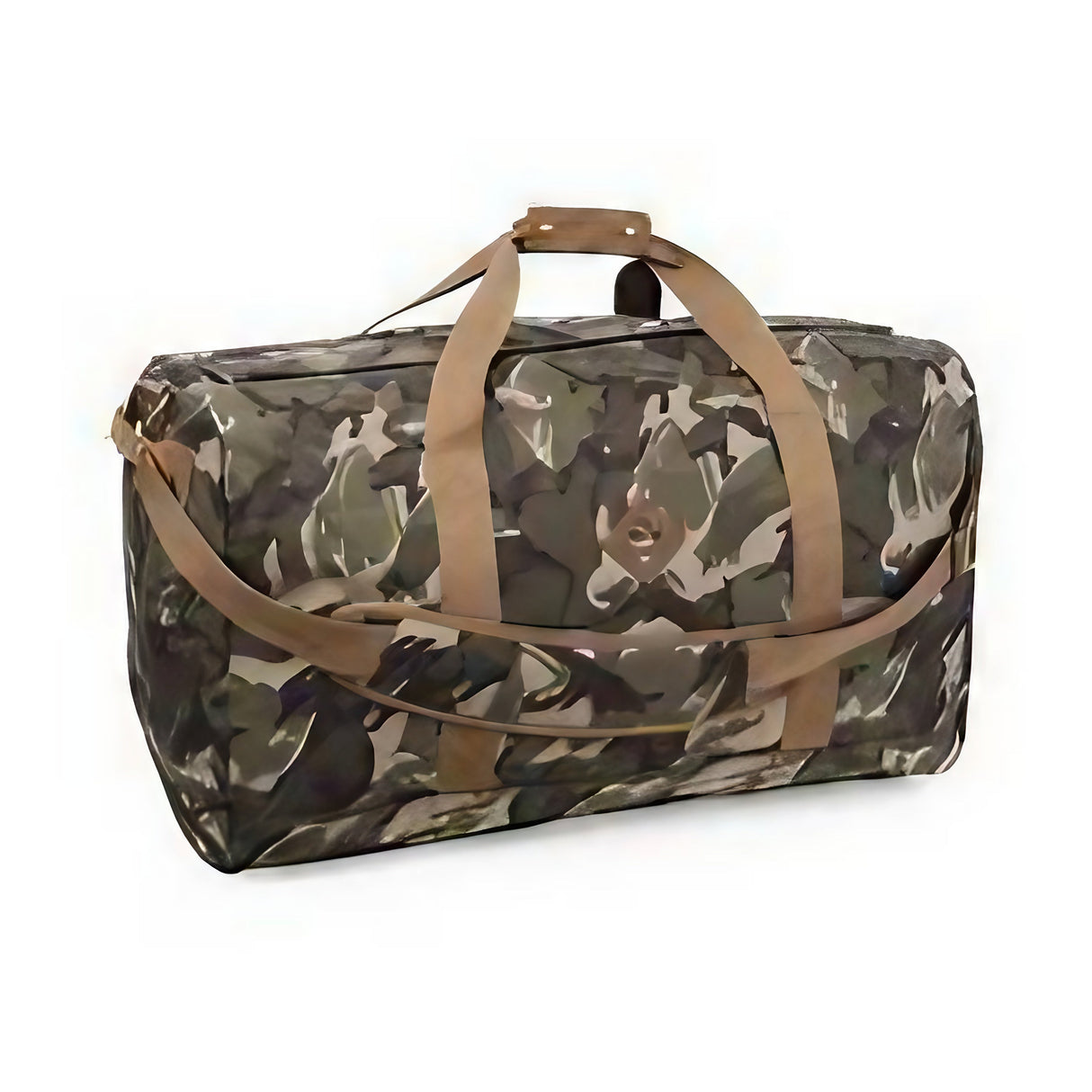 Revelry Supply Continental medium-sized rubber duffel bag in camo print, front view on white background