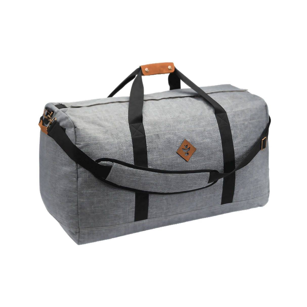 Revelry Supply Continental medium-sized gray duffel bag with rubber material, side view