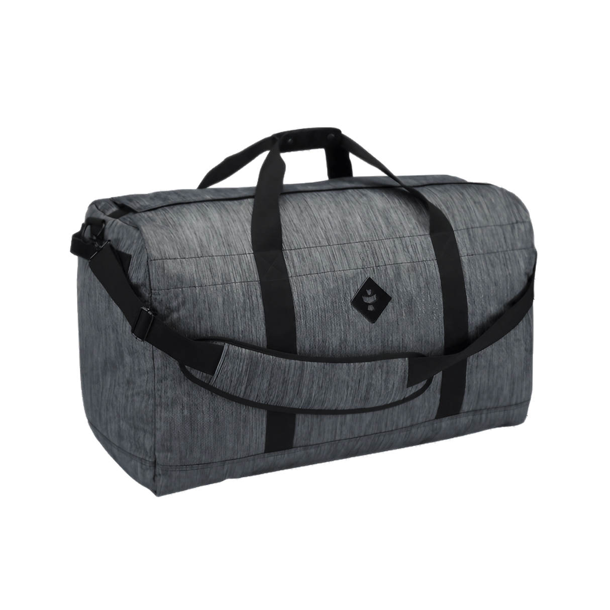 Revelry Supply Continental medium-sized rubber duffel bag in striped dark grey, front view on white background