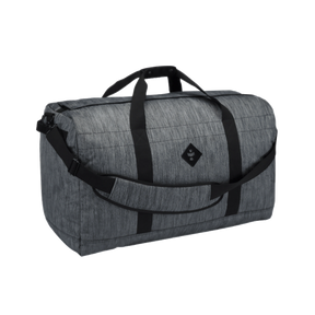 Revelry Supply Continental medium-sized rubber duffel bag in striped dark grey, front view on white background