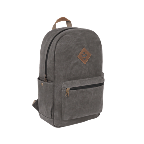 Revelry Supply Escort backpack in grey, front view on white background, smell-proof with rubber and silicone
