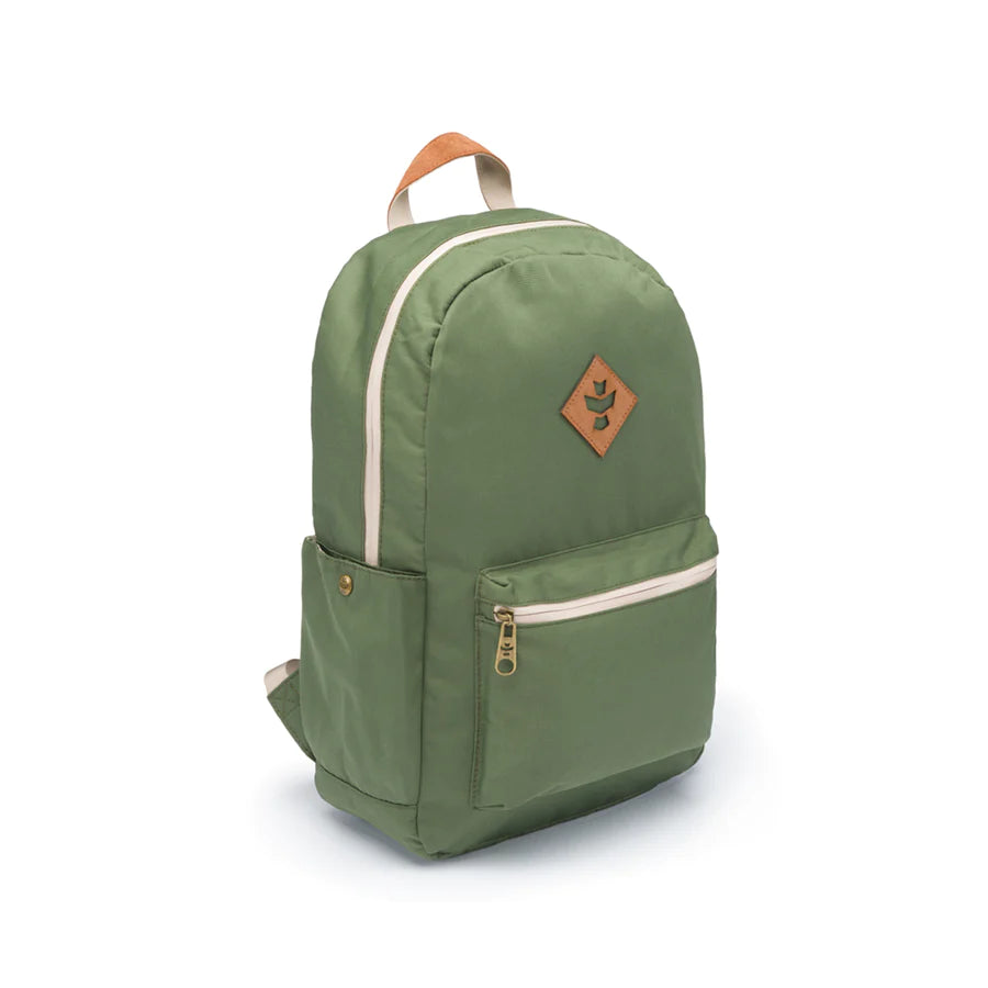 Revelry Supply Escort green backpack, front view on white background, smell-proof and water-resistant