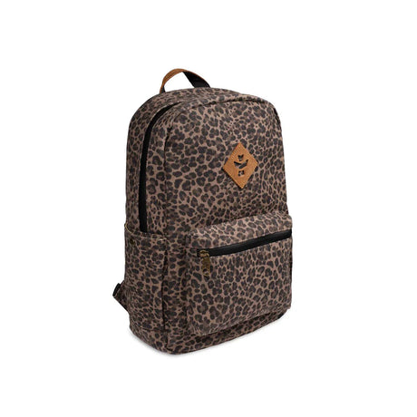 Revelry Supply Escort backpack in Leopard print, front view on white background, smell-proof and water-resistant