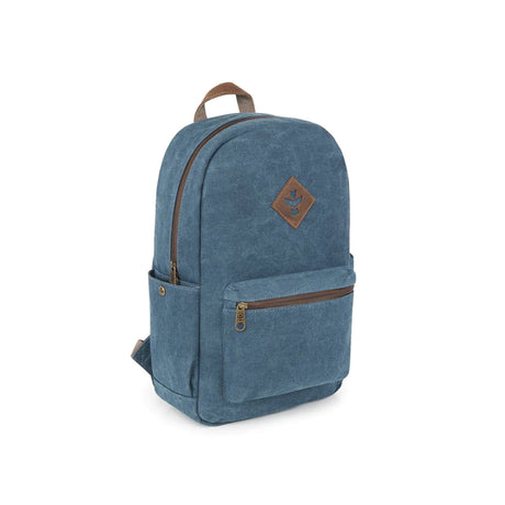 Revelry Supply Escort Marine variant, front view of a blue smell-proof rubber backpack