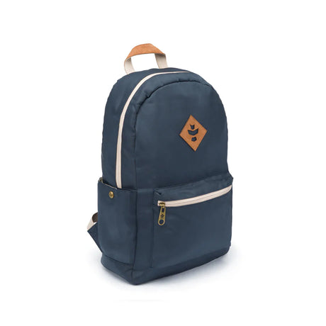 Revelry Supply Escort navy backpack with rubber base and silicone branding, front view on white background