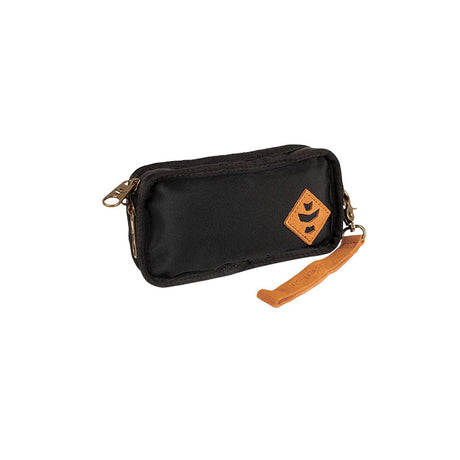 Revelry Supply Gordito black smell-proof padded pouch with brown leather wrist strap, canvas material, 6.5" x 4" size, front view