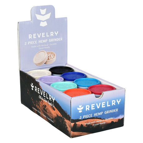 Revelry Supply Hemp Grinders in bulk box, 2-piece, 2" size, assorted colors, front view
