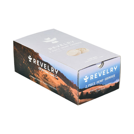 Revelry Supply 2-Piece Hemp Grinder in box, 2" size, front view on white background