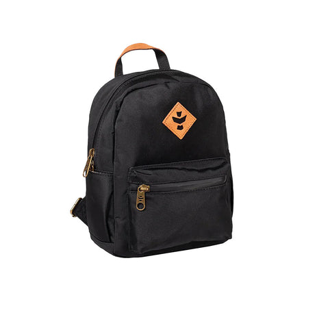 Revelry Supply Shorty Smell Proof Mini Backpack in Black, front view, with durable canvas material