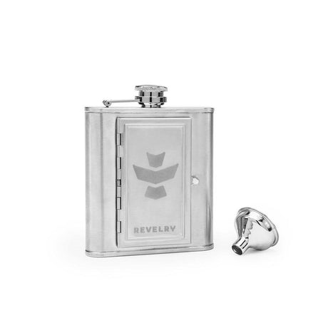 Revelry Supply Stainless Steel Flask with Stash Compartment, Silver, Front View