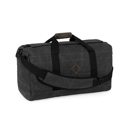 Revelry Supply medium black smell-proof duffle bag with front view, durable material
