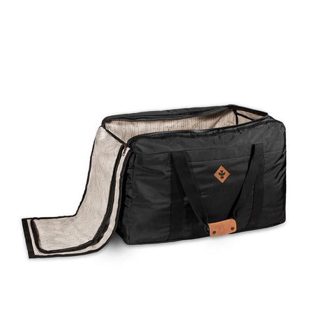 Revelry Supply black smell-proof duffle bag with rubber seal open, side view