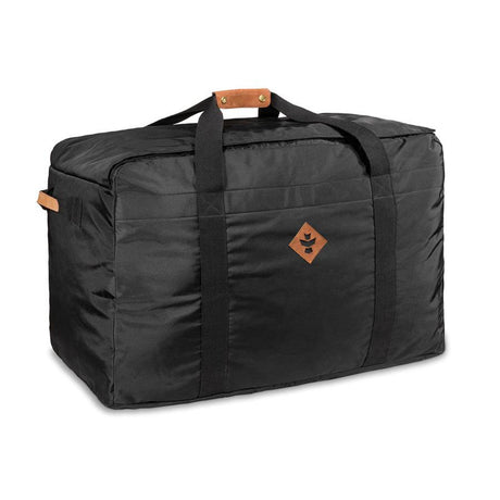 Revelry Supply black smell-proof Handler bin duffle bag with rubber detailing, front view