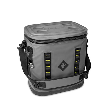 Revelry Supply Nomad Soft Cooler Backpack in gray, front view, with discreet pockets and shoulder strap