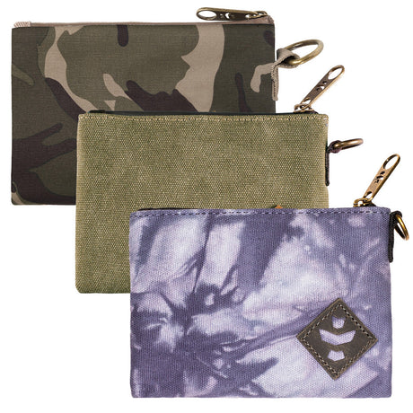 Revelry The Mini Broker Stash Bags in camo, green, and purple tie-dye canvas, front view