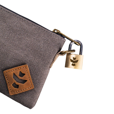 Revelry The Mini Broker Stash Bag in canvas material, angled view with lock detail