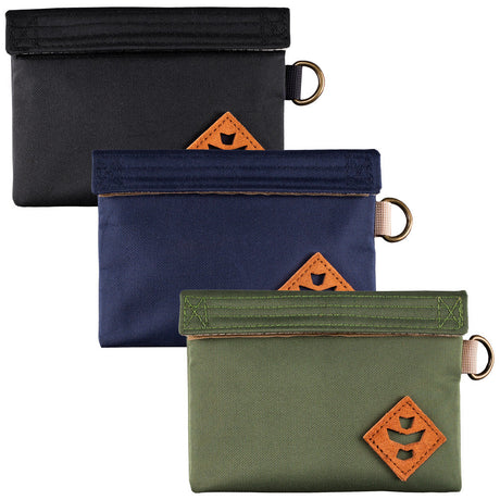 Revelry The Mini Confidant Smell Proof Stash Bags in black, blue, and green, front view