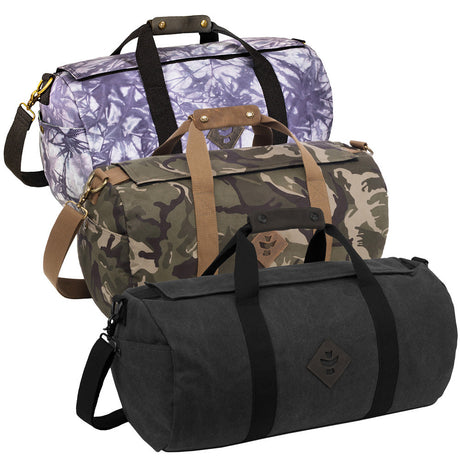 Revelry The Overnighter Smell Proof Duffel Bags in various patterns displayed in a stack