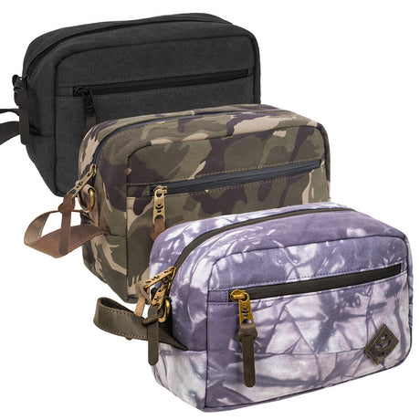 Revelry The Stowaway Smell Proof Toiletry Bags in various patterns, front view on white background