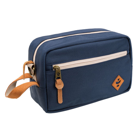 Revelry The Stowaway 11" x 6" Smell Proof Toiletry Bag in Navy Blue with Brown Accents