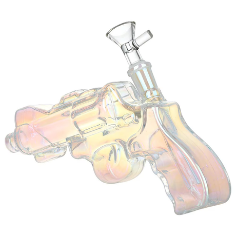 Electroplated Revolver Hand Gun Glass Water Pipe | 8" | 14mm F | Colors Vary