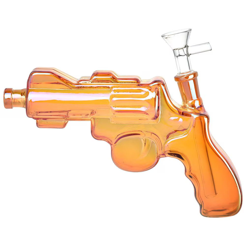 Electroplated Revolver Hand Gun Glass Water Pipe | 8" | 14mm F | Colors Vary