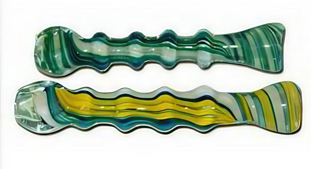 Ribbed Twisted Stripe Glass Tasters in Green and Yellow, Portable 3.75" Hand Pipes