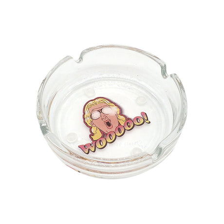 Clear glass ashtray with Ric Flair Drip design, top view, fun novelty home decor