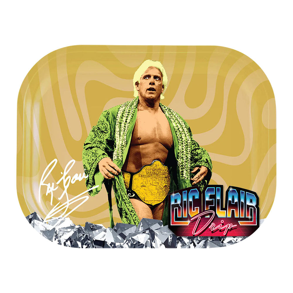 Ric Flair Drip Metal Rolling Tray with vibrant graphics, front view on a seamless white background