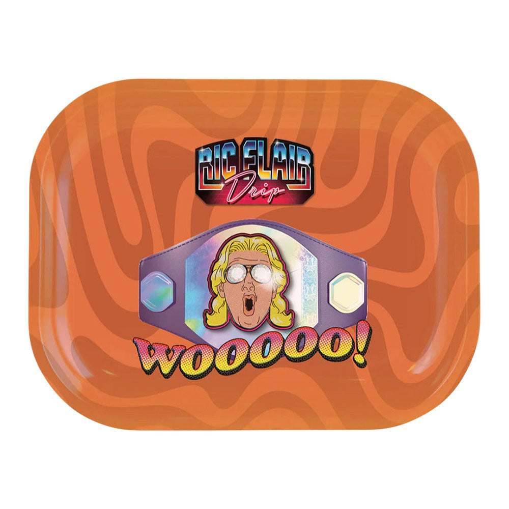 Ric Flair Drip Metal Rolling Tray with Champion Belt Design on Orange Swirl Background