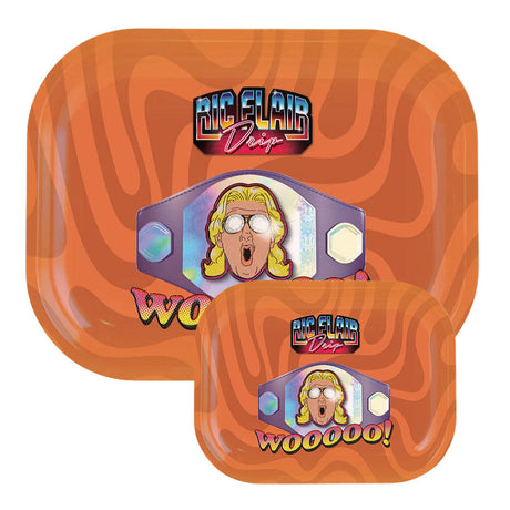 Ric Flair Drip Metal Rolling Tray featuring Champion Belt design, top view on white background