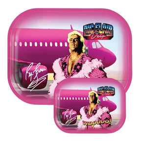 Ric Flair Drip Metal Rolling Tray with vibrant pink and black design, top view