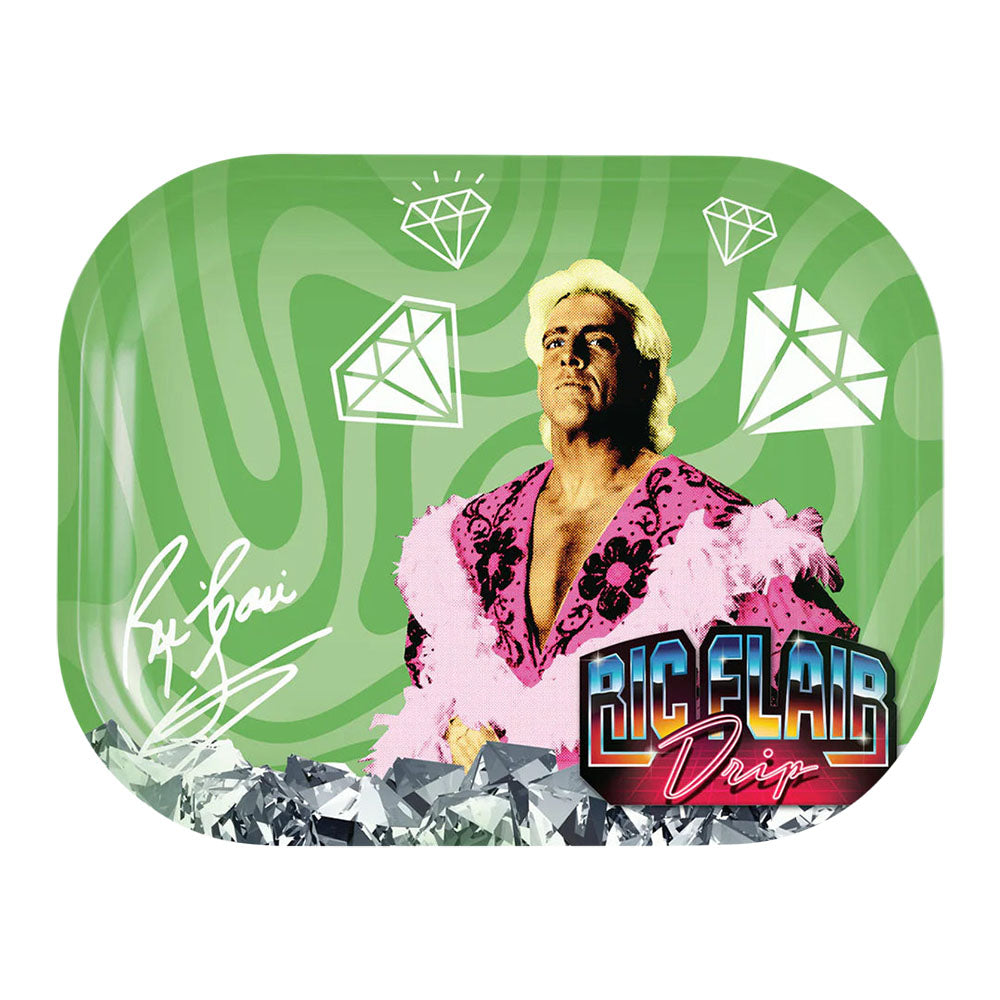 Ric Flair Drip Metal Rolling Tray with Pink Boa and Diamond Graphics, Top View