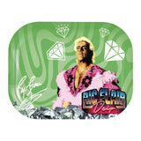 Ric Flair Drip Metal Rolling Tray with Pink Boa Design, Diamonds, and Signature, Top View